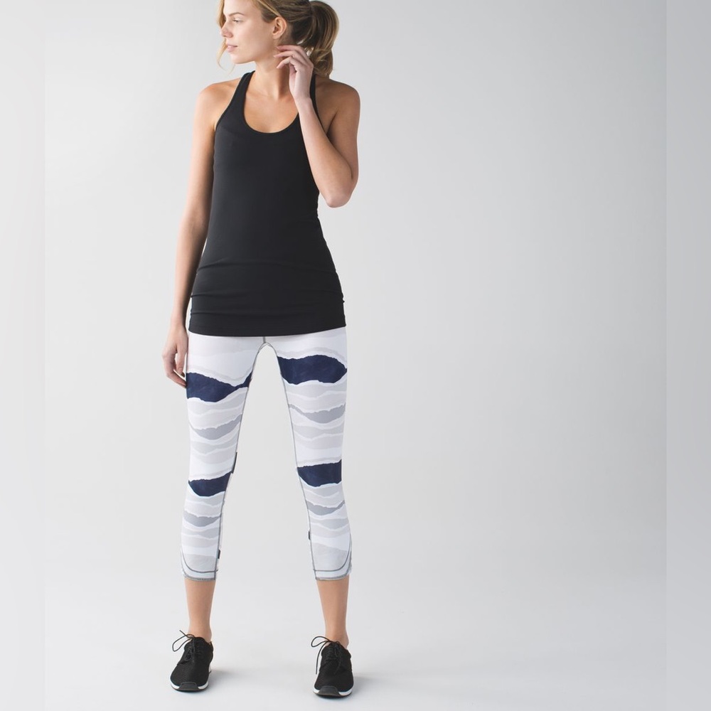 Lululemon women’s True Self Crop leggings in bleacher stripe black and white.